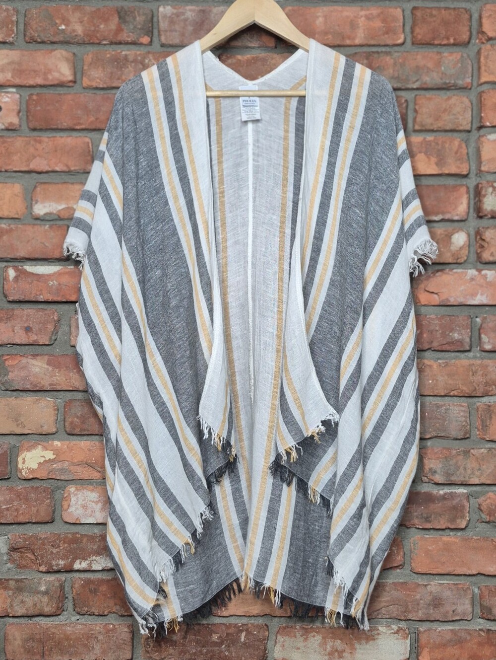 🇮🇹 Pholya Linen Italy Blend Kimono Cardigan Striped Fringe Poncho One Size